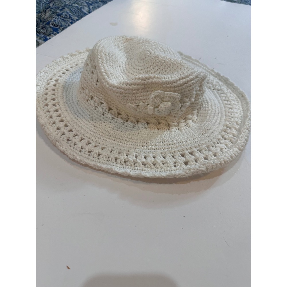 Max Mehra Collection White Crochet Sun Hat Flower Accent Wide Brim Summer Boho